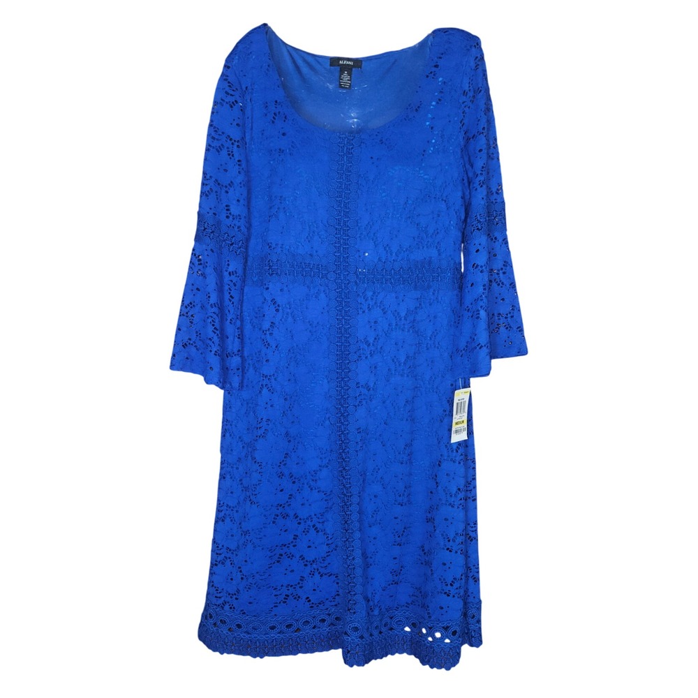 Alfani Lace Dress Womens Medium The Artist Ultra Blue Bell Sleeve Crochet New